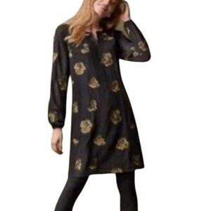 Cabi Chic Swiss Dot Floral Embroidered Sheer Sleeve Dress Medium Black Gold